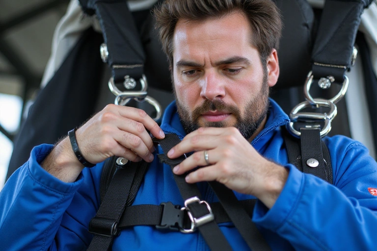 Highly skilled skydive instructor checking equipment meticulously before a jump