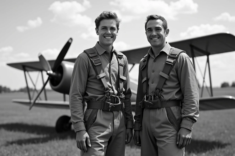 Vintage photo of early skydivers with a biplane, smiling and preparing for a jump, black and white