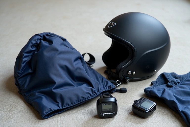 Close-up of skydiving gear, including a modern parachute pack, helmet, and altimeter, laid out neatly on a clean surface.