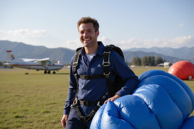 John, a male skydiver, celebrating after landing, with his parachute neatly packed, showing a sense of accomplishment and relief.