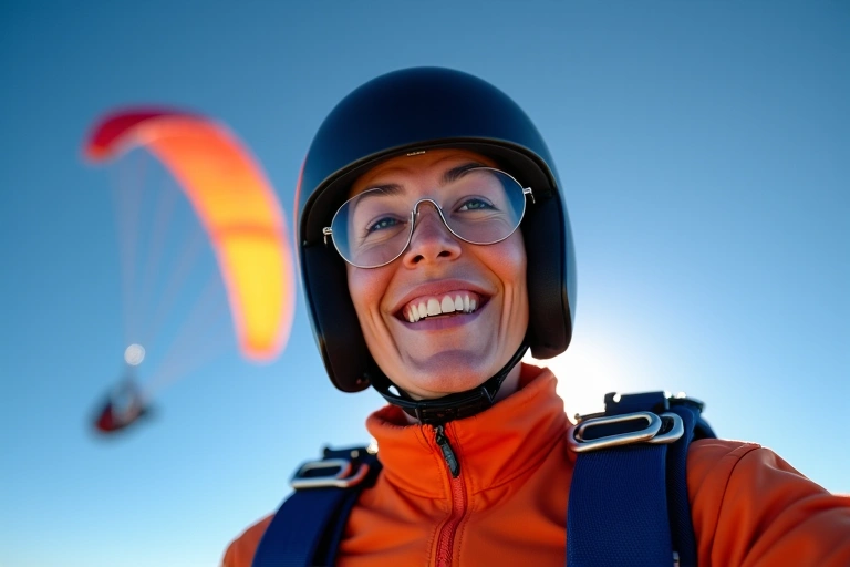 Portrait of Sarah, a confident female skydiver, smiling with a parachute in the background, wearing a professional skydiving suit.