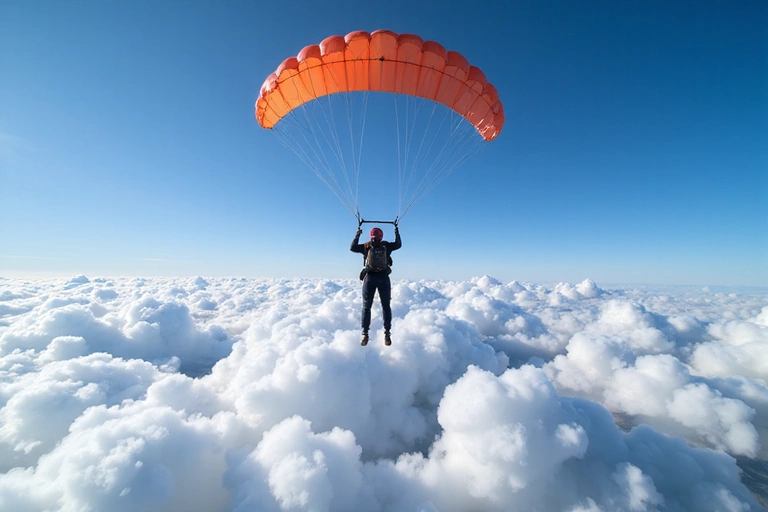 Skydiver soaring above clouds with parachute deployed, seen from a first-person perspective, with a clear blue sky background.