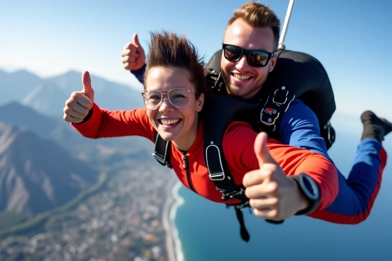 Two skydivers in tandem, smiling and giving a thumbs-up during their freefall, with a breathtaking view of the landscape below.
