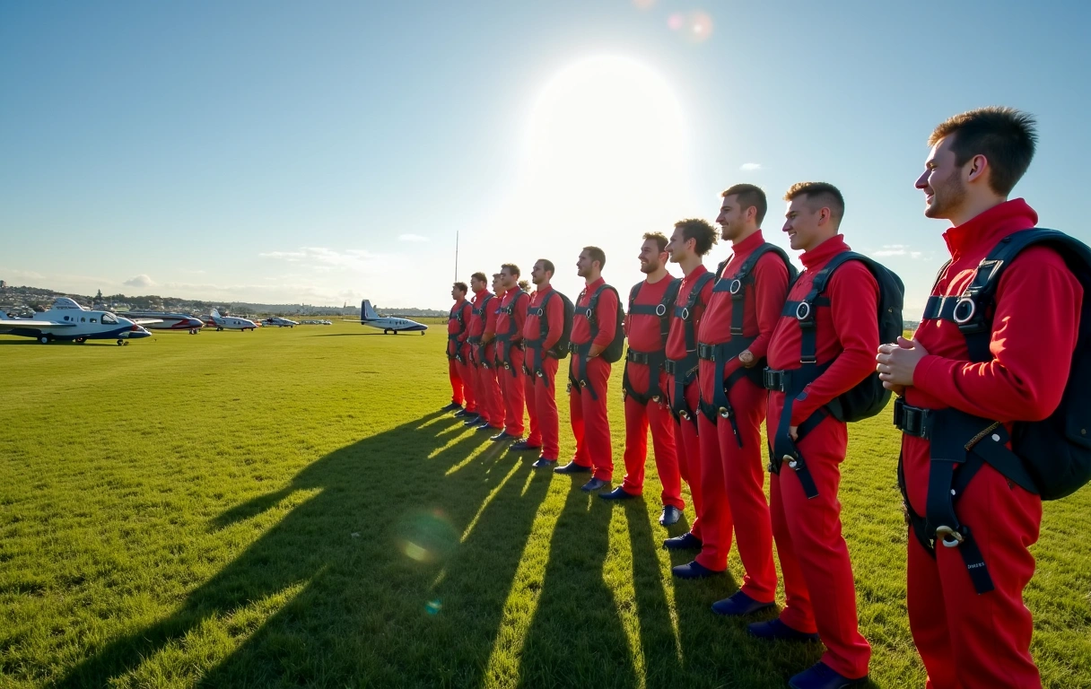 A group of skydivers preparing for a jump at a sunny dropzone, with planes in the background.