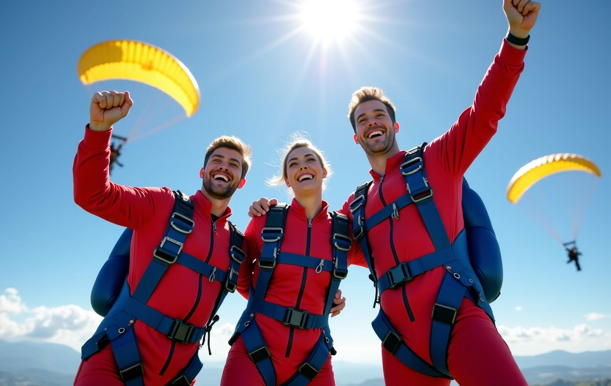 A group of friends smiling and cheering after a tandem skydive, with parachutes deployed in the background.