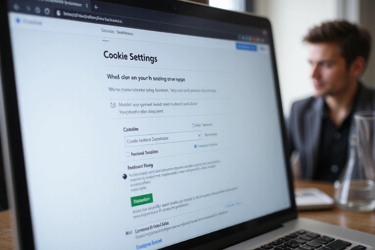 A close-up of a computer screen showing cookie settings and privacy preferences, with a blurred background of a person working. The screen displays various options for managing cookies, emphasizing user control over data.