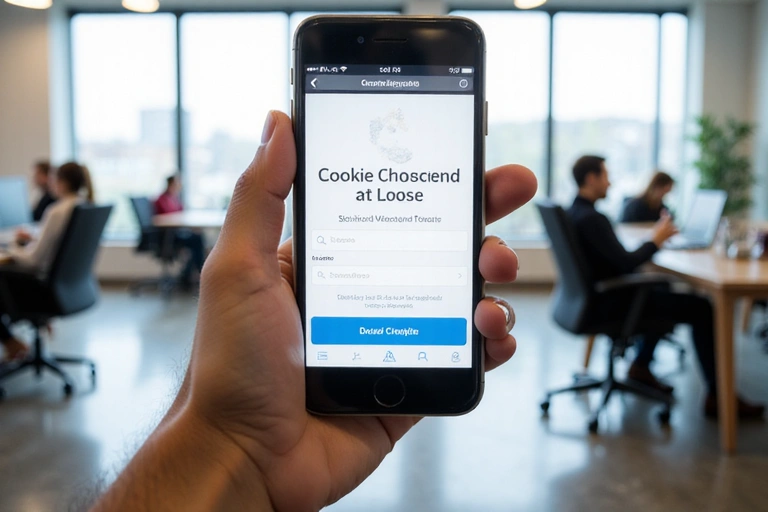 A person's hand holding a smartphone, displaying a website with a cookie consent banner at the bottom. The background is a bright, modern office setting, suggesting digital interaction and privacy choices.