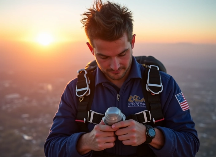 Skydiver checking their gear before a jump