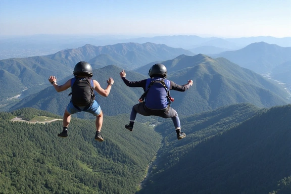 Skydivers above lush green mountains