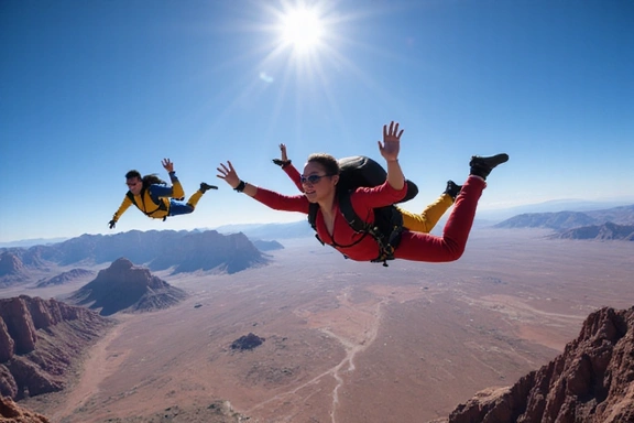 Skydivers over a desert landscape