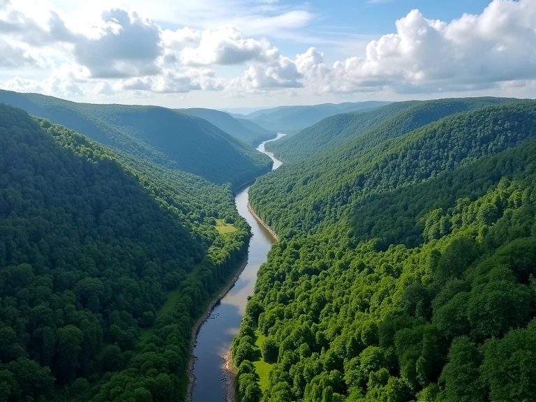 Aerial view of a vibrant green forest and river from a skydiver's perspective