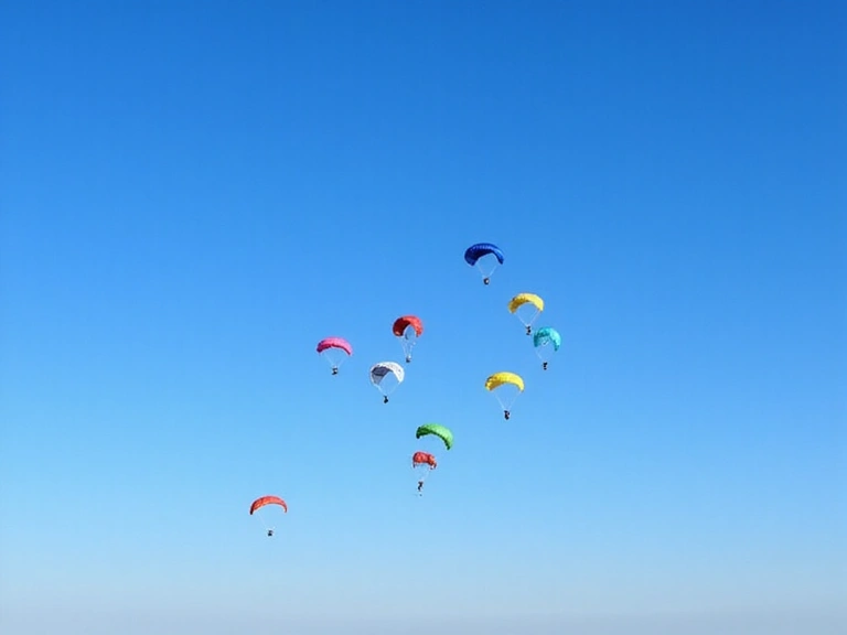 Colorful parachutes dotted across the sky during a group jump