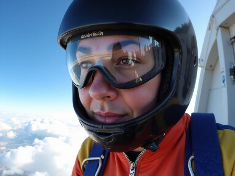 Detailed close-up of a skydiver's gear and helmet before a jump