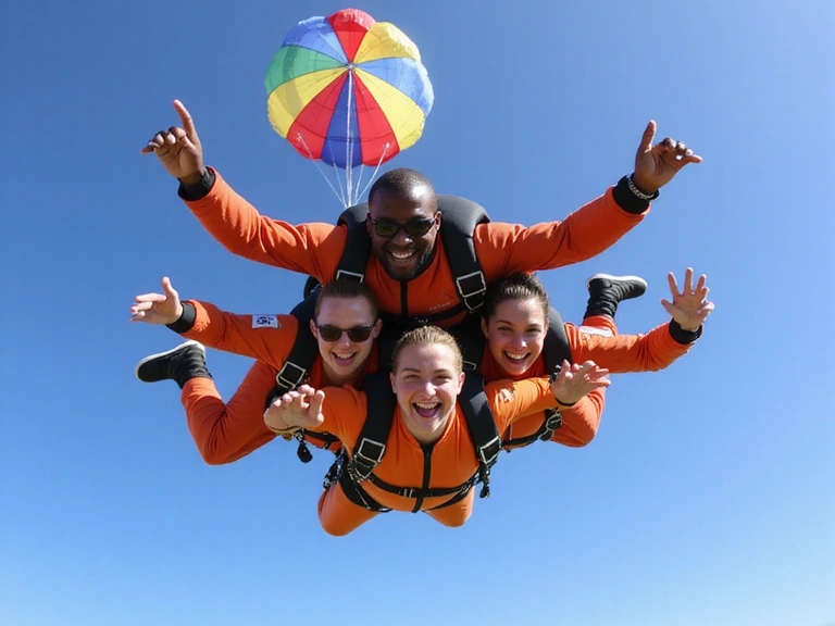 Group of skydivers in a formation during freefall with vibrant parachutes