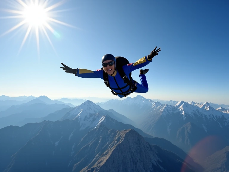 Skydiver soaring above a picturesque landscape with mountains and clear skies