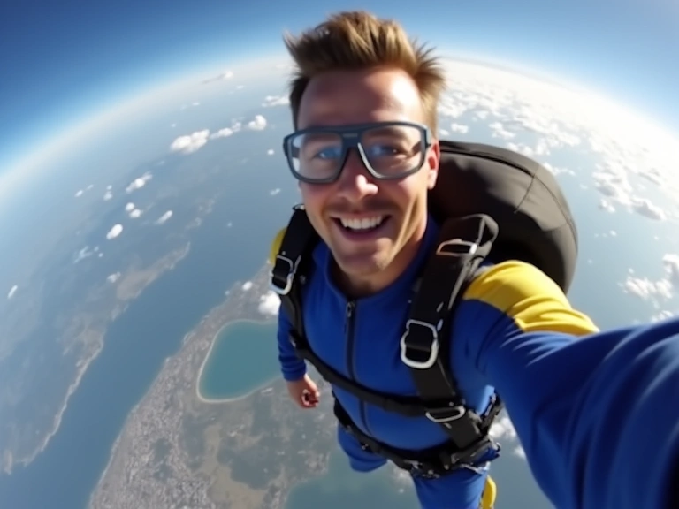 Skydiver capturing a selfie during freefall with the earth below