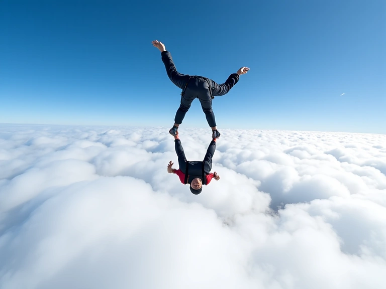 Skydiver performing an acrobatic maneuver high above the clouds