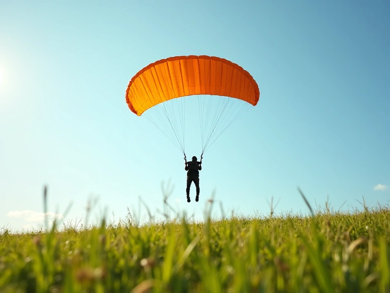 Skydiver landing gently in an open field, parachute fully deployed