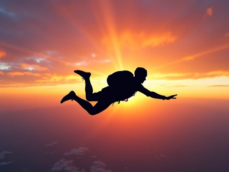 Sunset skydive with a silhouette of a jumper against an orange sky