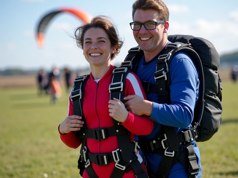 Two tandem skydivers smiling widely after a successful landing