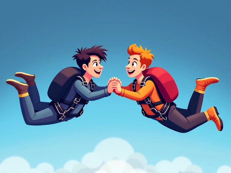 Two skydivers holding hands in freefall, showing camaraderie