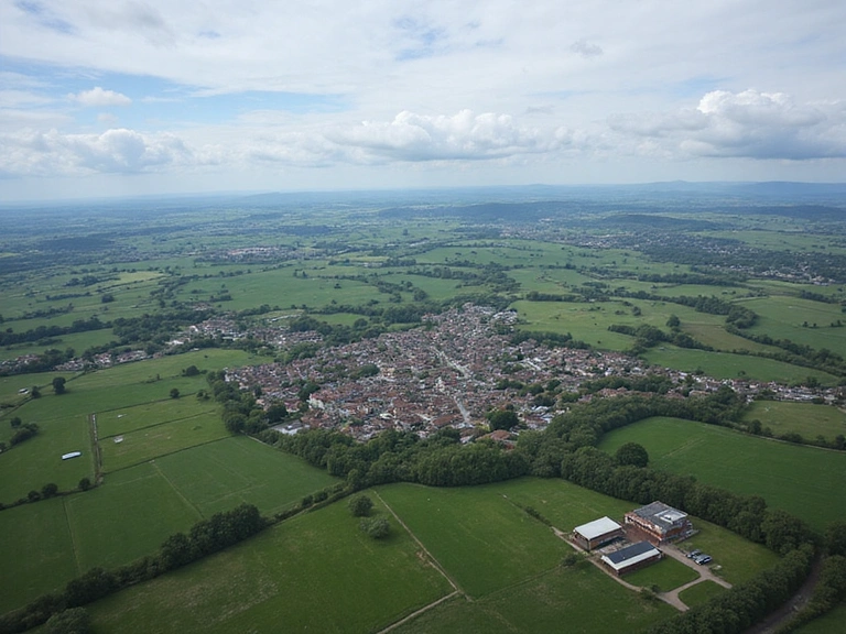 View of a small town and farmlands from a high altitude
