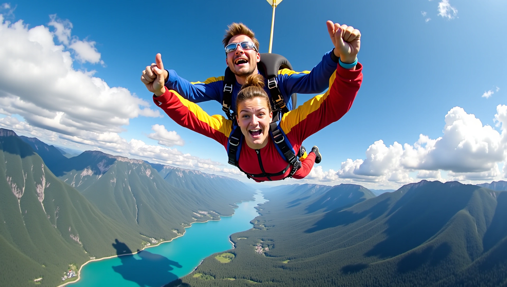 Skydivers in freefall over a scenic American landscape