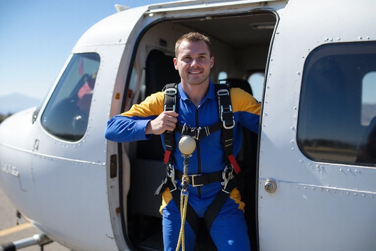 A skydiver deploying a parachute via static line, with the aircraft visible above, demonstrating Static Line Progression.