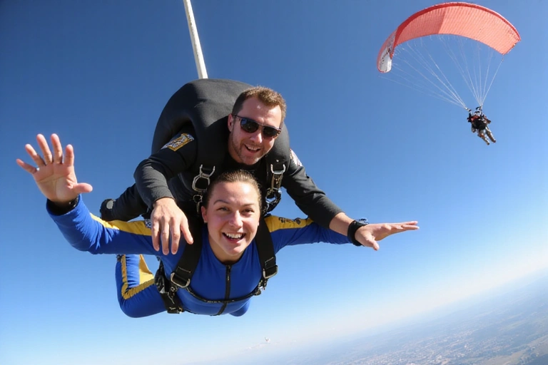 Two skydivers in freefall, one instructor guiding a student, signifying Accelerated Freefall training.