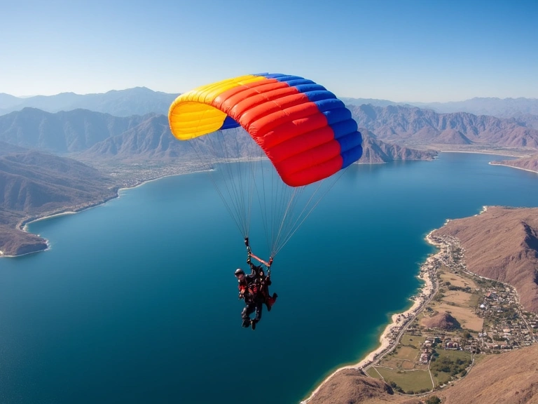 Tandem skydivers descending over Lake Elsinore