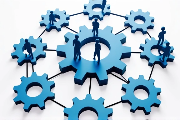 Illustration of interconnected gears and people, symbolizing data sharing