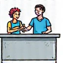 Check-in desk with a friendly attendant and a person signing documents, indicating arrival and registration.