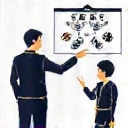 Skydiving instructor teaching a student with a clear diagram, representing training and briefing.