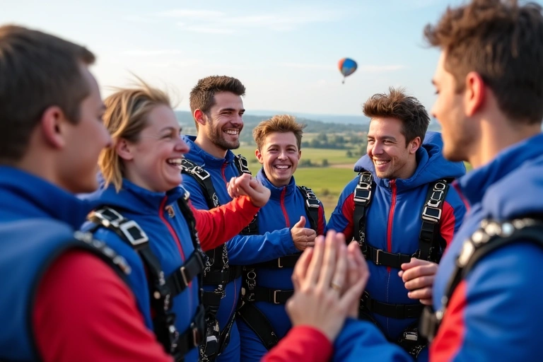 A group of smiling skydivers celebrating after a successful jump, showing camaraderie.
