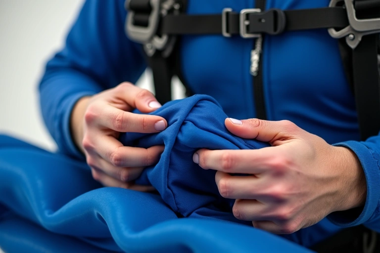 Close-up of a skydiving parachute being packed, emphasizing safety and preparation.