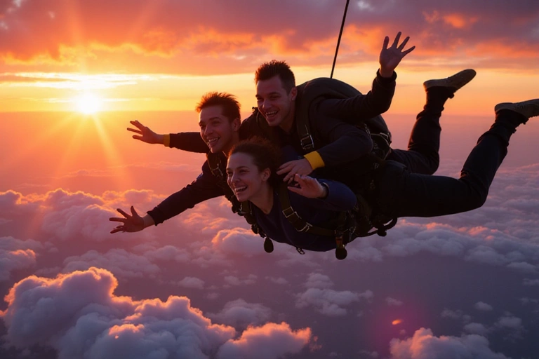 Skydivers enjoying a beautiful sunset jump, illustrating freedom and adventure.
